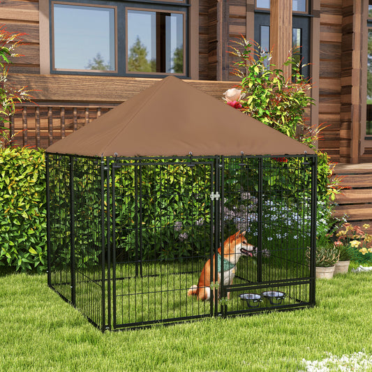 Outdoor Dog Kennel & Playpen | Waterproof Canopy | Lockable Gate | Rotating Bowl Holder | 2 Bowls Included | 141 x 141 x 151cm | Brown