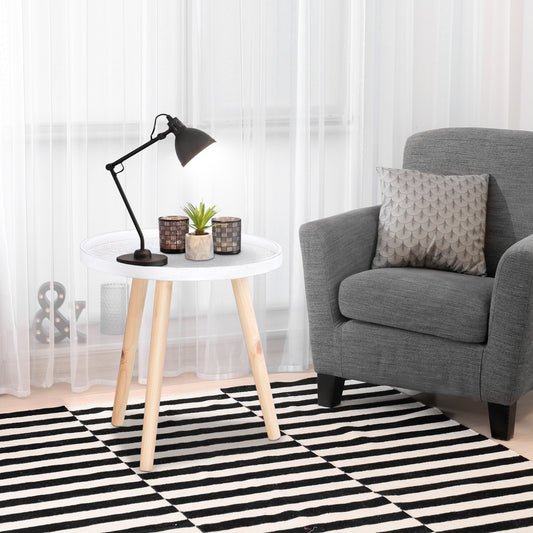 Flower Etched Side Table w/Saucer Top Wood Legs Living Room Bedroom Furniture Coffee End Table Display Decoration Elegant - White