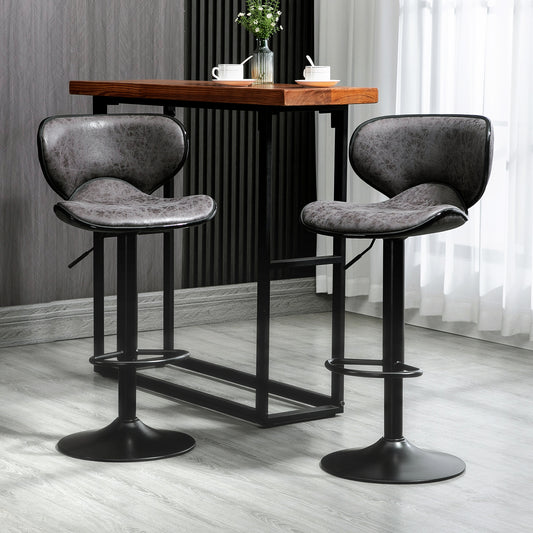 Bar Stool Set of 2 Microfibre Cloth Adjustable Height Armless Chairs with Swivel Seat, Dark Grey