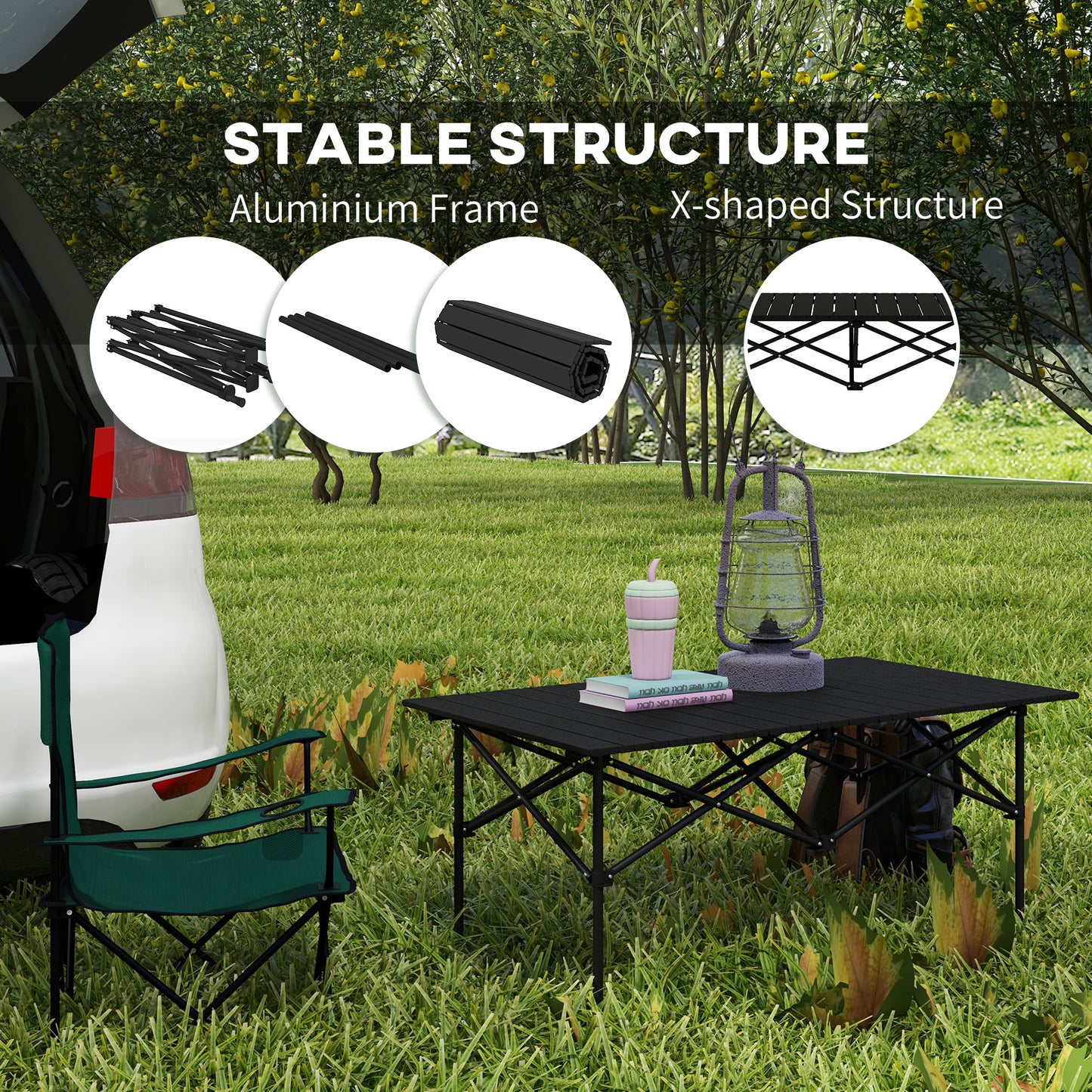 Outsunny Portable Aluminium Picnic Camping Table, Lightweight Folding With Roll Up Top, Carry Bag For Outdoor Camping - Black