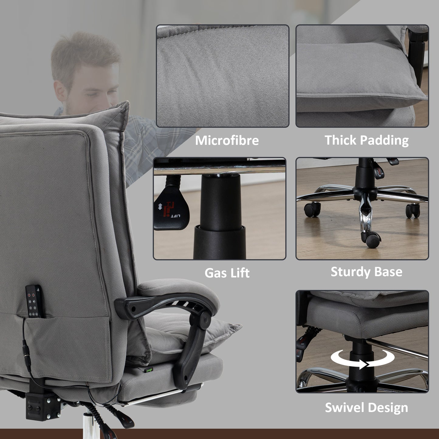 Vinsetto Vibration Massage Office Chair with Heat, Microfibre Computer Chair with Footrest, Armrest, Double Padding, Reclining Back, Grey