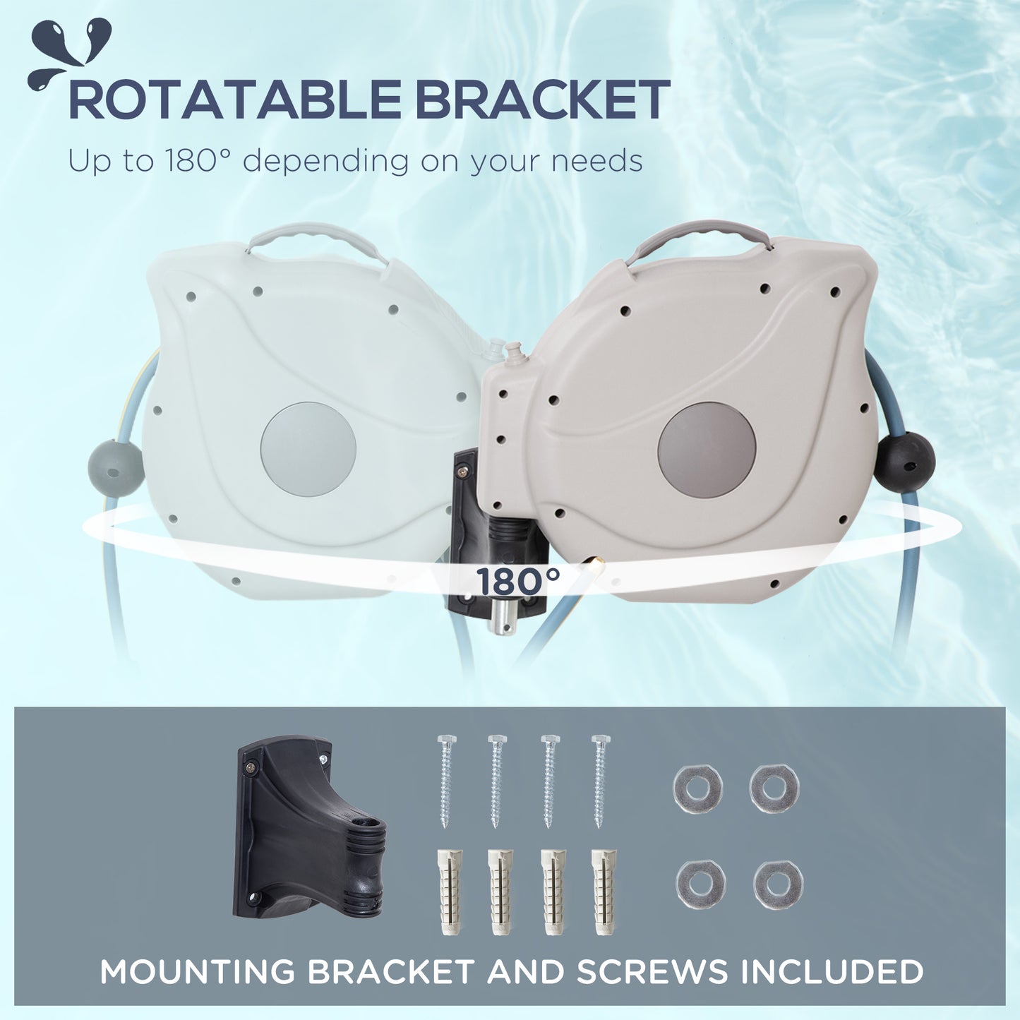Outsunny Retractable Hose Reel w/ Any Length Lock, Auto Rewind Slow Return System, and 180° Swivel Wall Mounted Bracket, 10m+1.6m