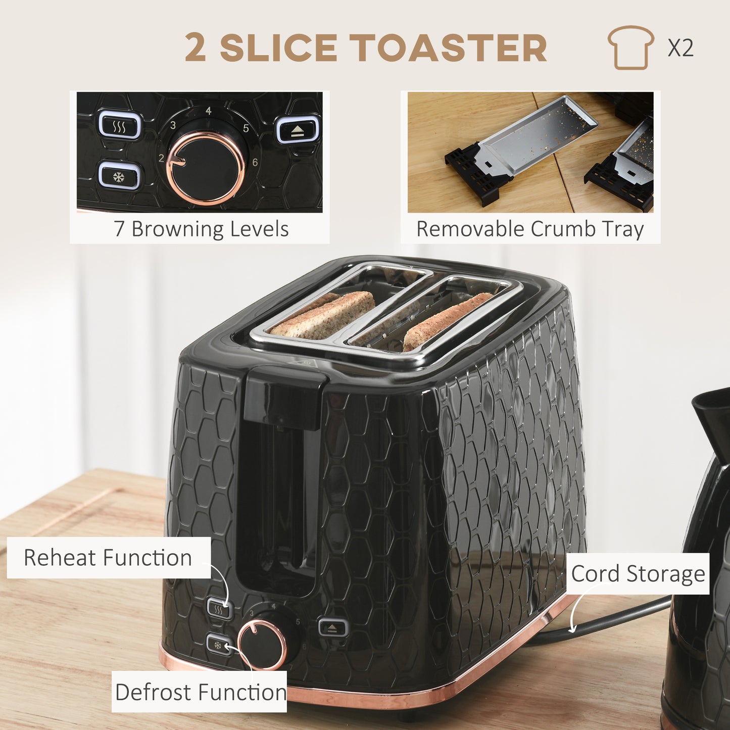 Fast Boil Kettle & 2 Slice Toaster Set, Kettle and Toaster Set with Auto Shut Off, Browning Controls, Black 1.7L 3000W