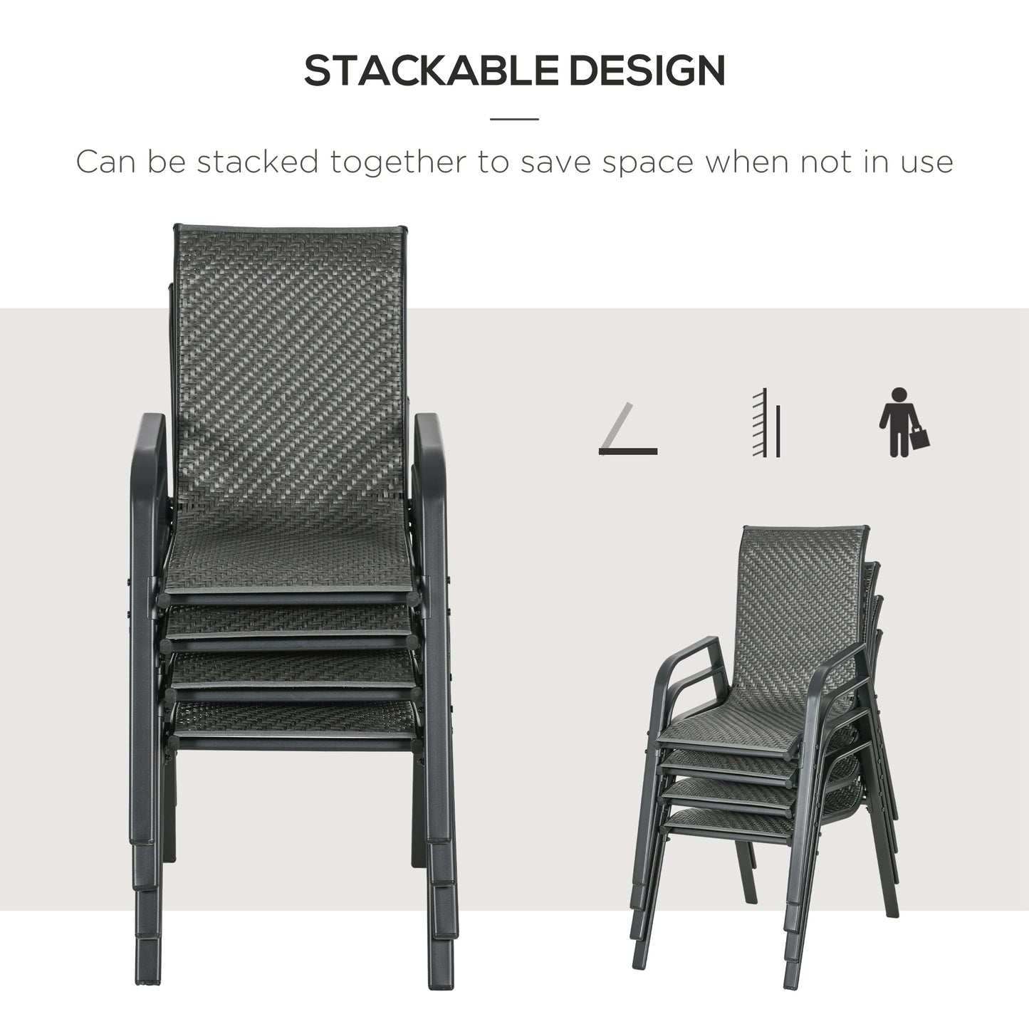 Outsunny Stackable Outdoor Rattan Chairs Set of 4 with Armrests and Backrest, Mixed Grey