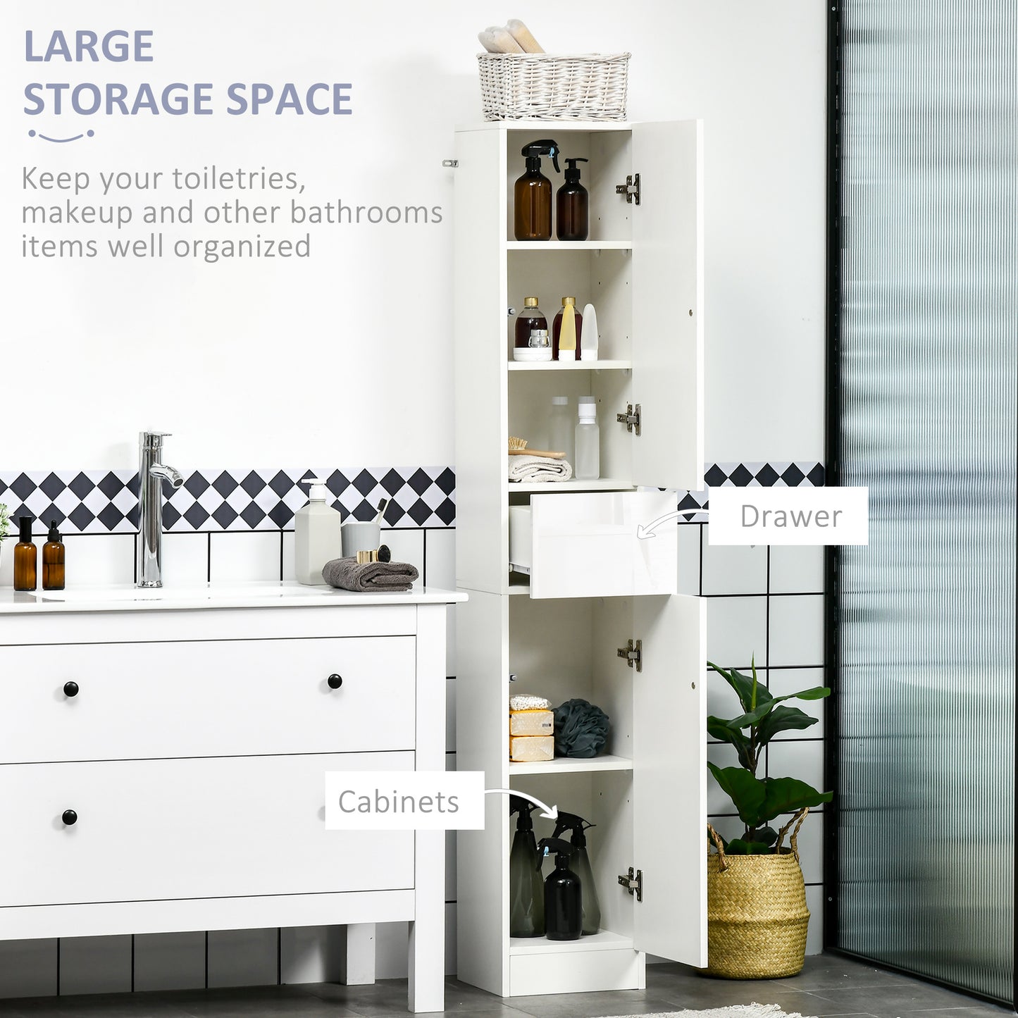 Kleankin Tall Bathroom Cabinet with Adjustable Shelves, High Gloss Storage Cupboard, Freestanding Tallboy with Storage Drawer, White