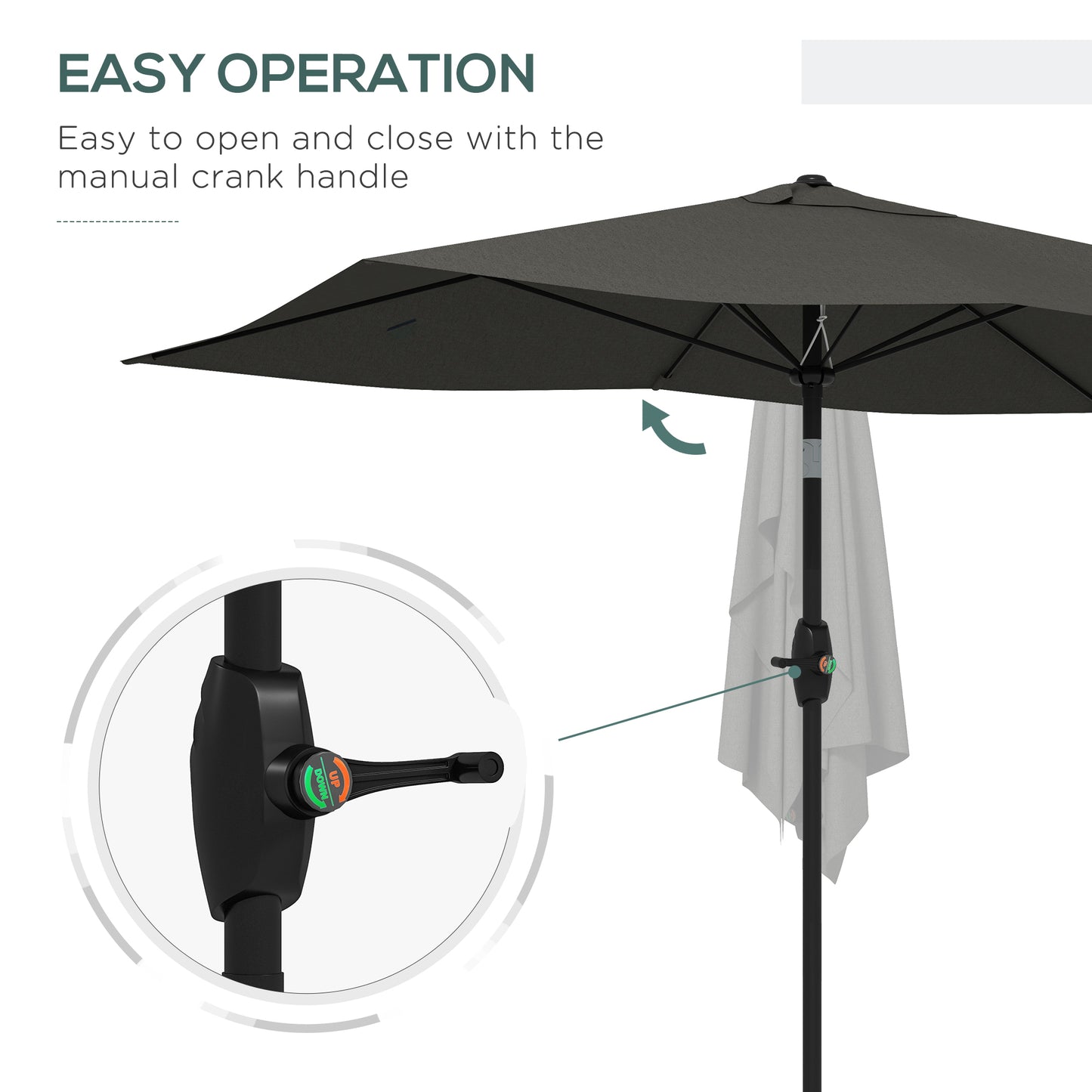2 x 3(m) Garden Parasol Umbrella, Rectangular Outdoor Market Umbrella Sun Shade With Crank & Push Button Tilt, 6 Ribs - Dark Grey