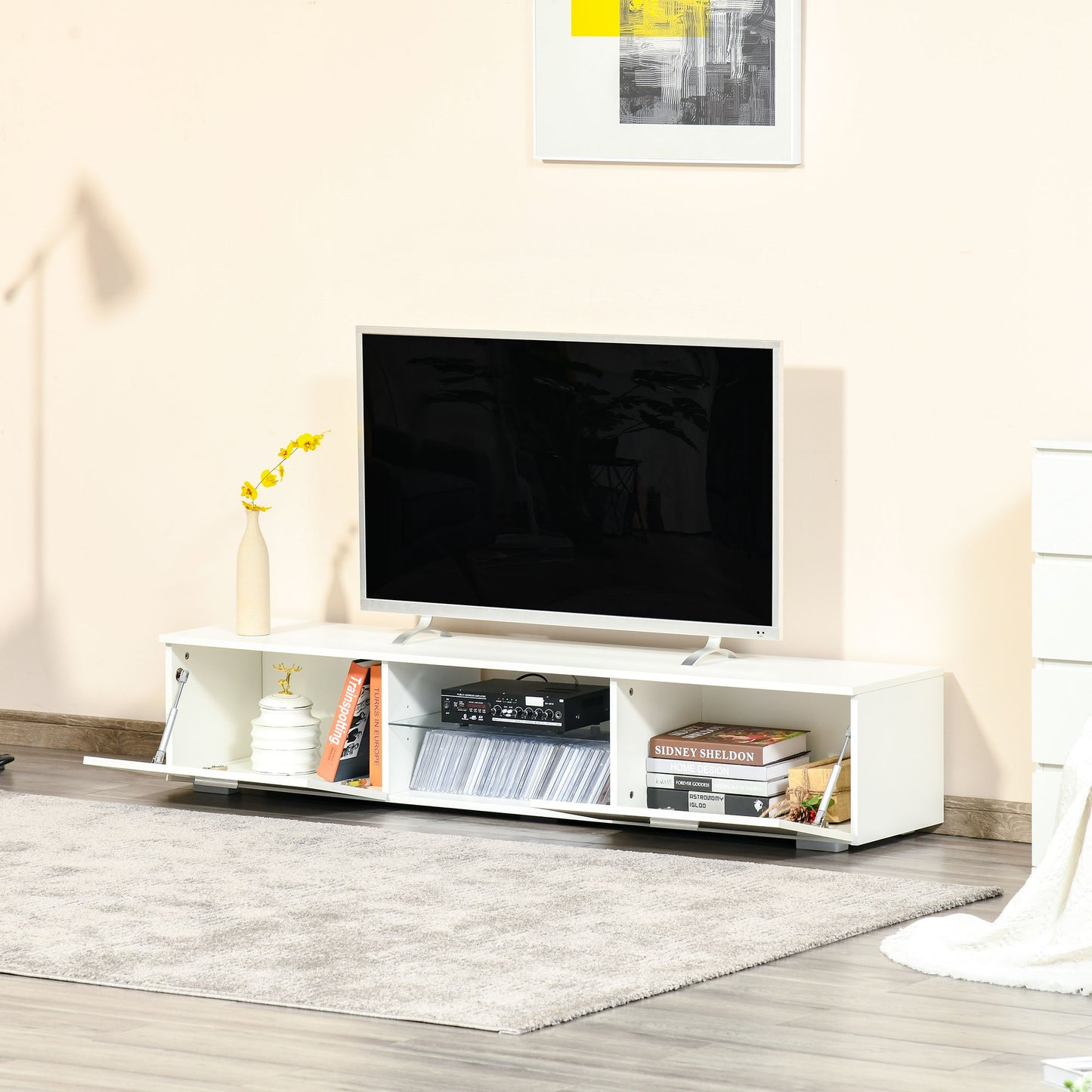 TV Stand Cabinet with High Gloss Front Door, LED RGB Lights and Remote Control for TVs up to 55", Media TV Console Table with Storage Cupboard