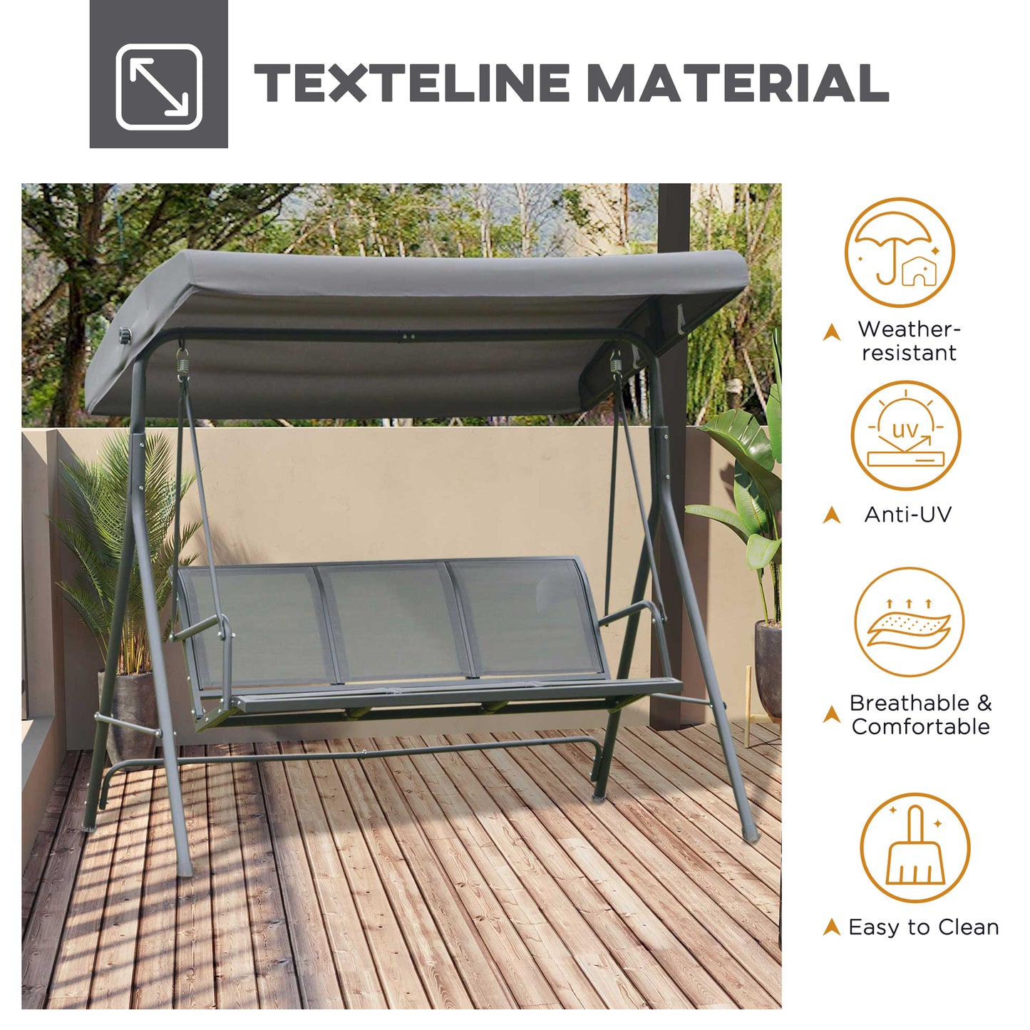 Outsunny Outdoor Garden 3 Seater Swing Chair Seat Hammock With Canopy Steel Frame - Grey