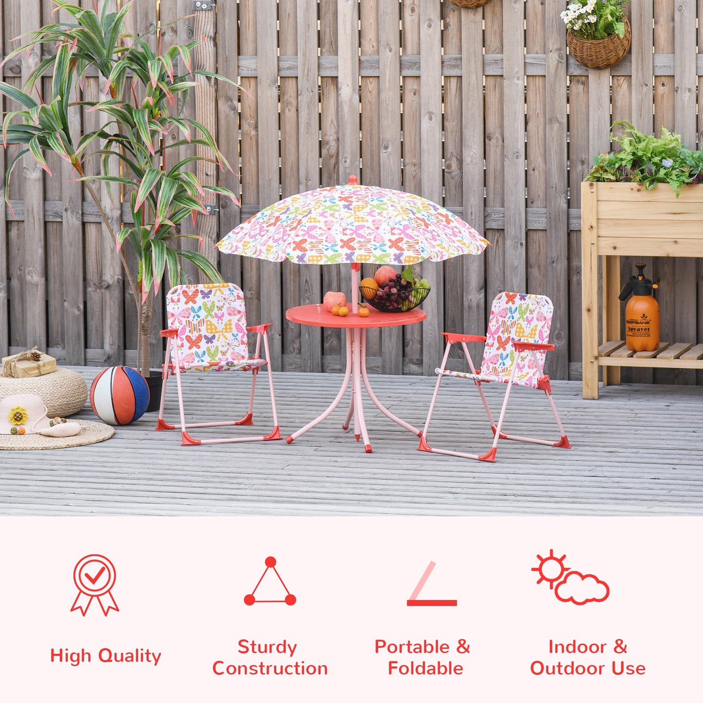 Outsunny Kids Folding Picnic Table and Chairs Set Colour Stripes Outdoor w/ Parasol