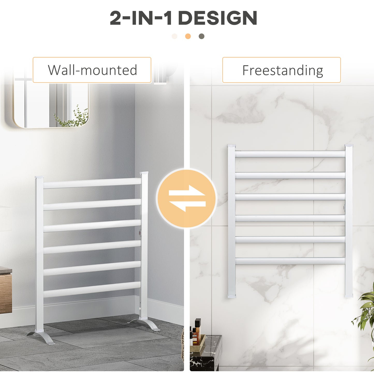 Electric Towel Warmer, 6 Bar Aluminium Heated Towel Rail, Wall Mounted & Free Standing Towel Drying Rack for Bathroom, Plug-in, Silver