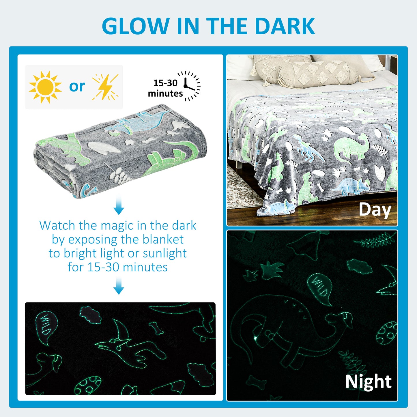 Glow in The Dark Flannel Fleece Throw Blanket, Fluffy Warm Throw Blanket, Kids Dinosaur Luminous Blanket, 203x153cm, Grey