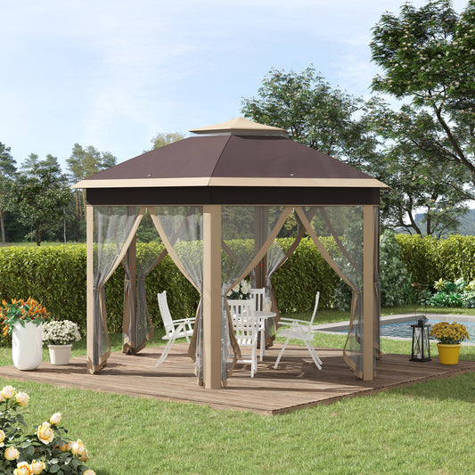 Outsunny Hexagon Pop Up Gazebo Outdoor Patio Gazebo Double Roof Instant Shelter with Netting, 3 x 4m, Khaki