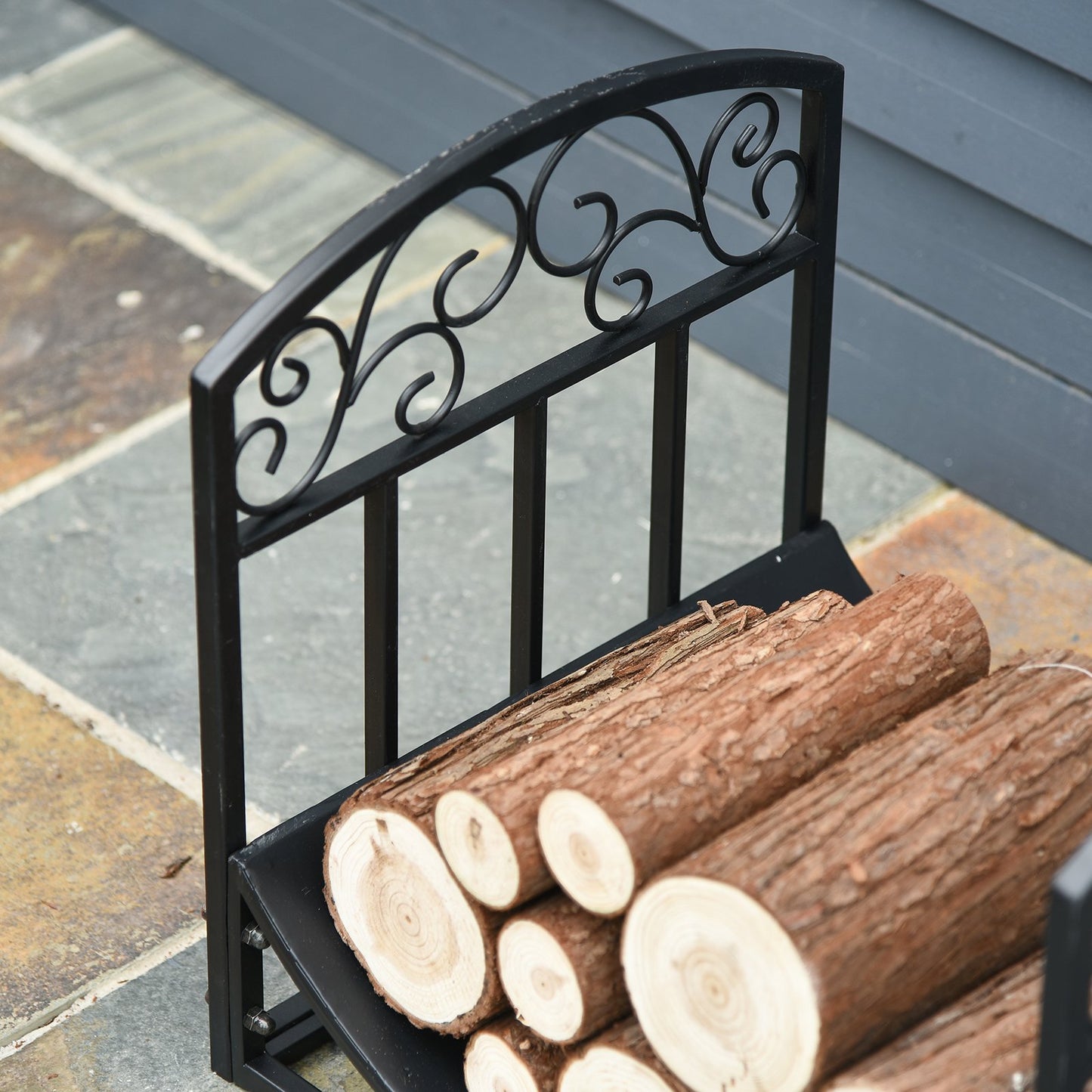 Outsunny Wrought Iron Inner Arced Wood Log Holder Indoor Outdoor Storage Shelf w/ Elegant Scrolls Rust-Resistant Stacker Black