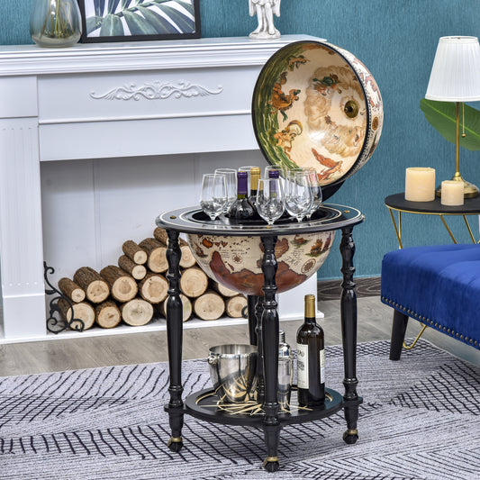 Unique Globe Drinks Cabinet Wood Frame 3 Compartments Bottles Glasses w/ Bottom Shelf 4 Wheels Elegant Antique Movable Safe Storage