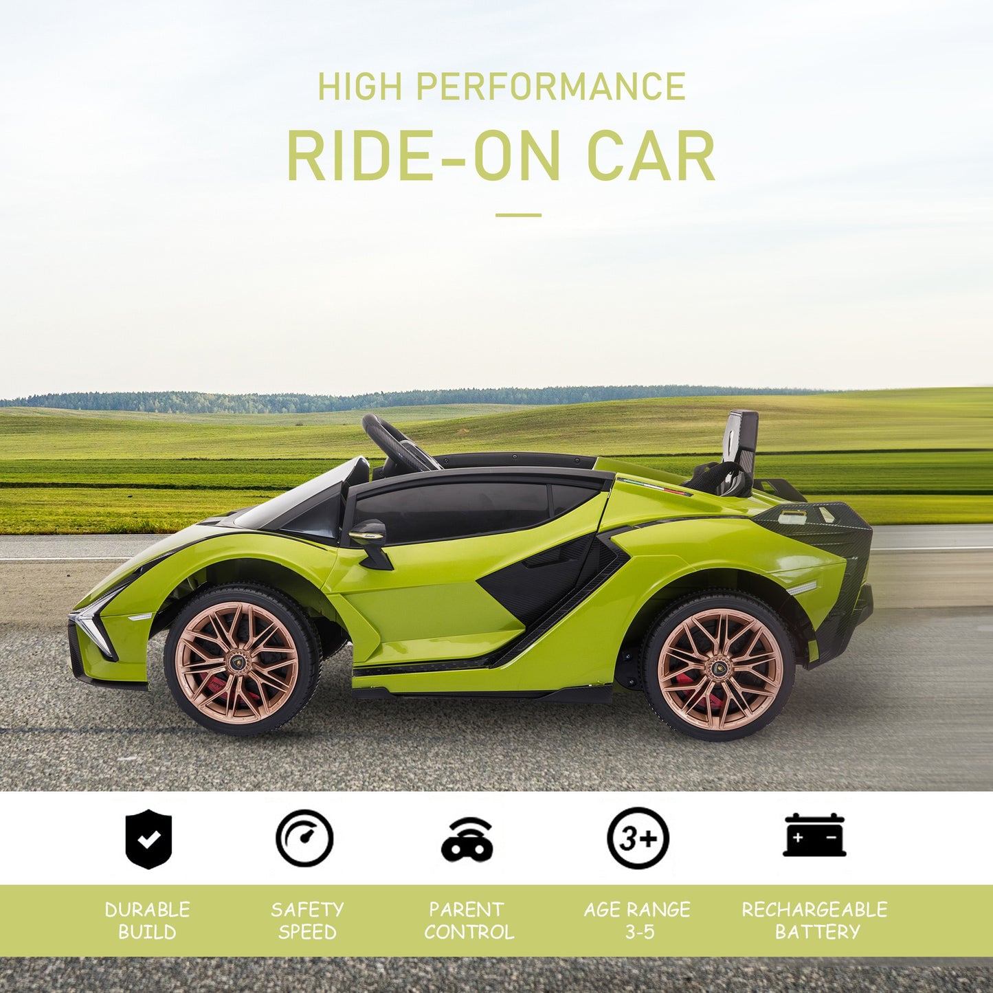 Kids Electric Ride On Car Lamborghini SIAN Toy with Parental Remote Control Lights MP3 for 3-5 Years Old Green 12V Battery-powered