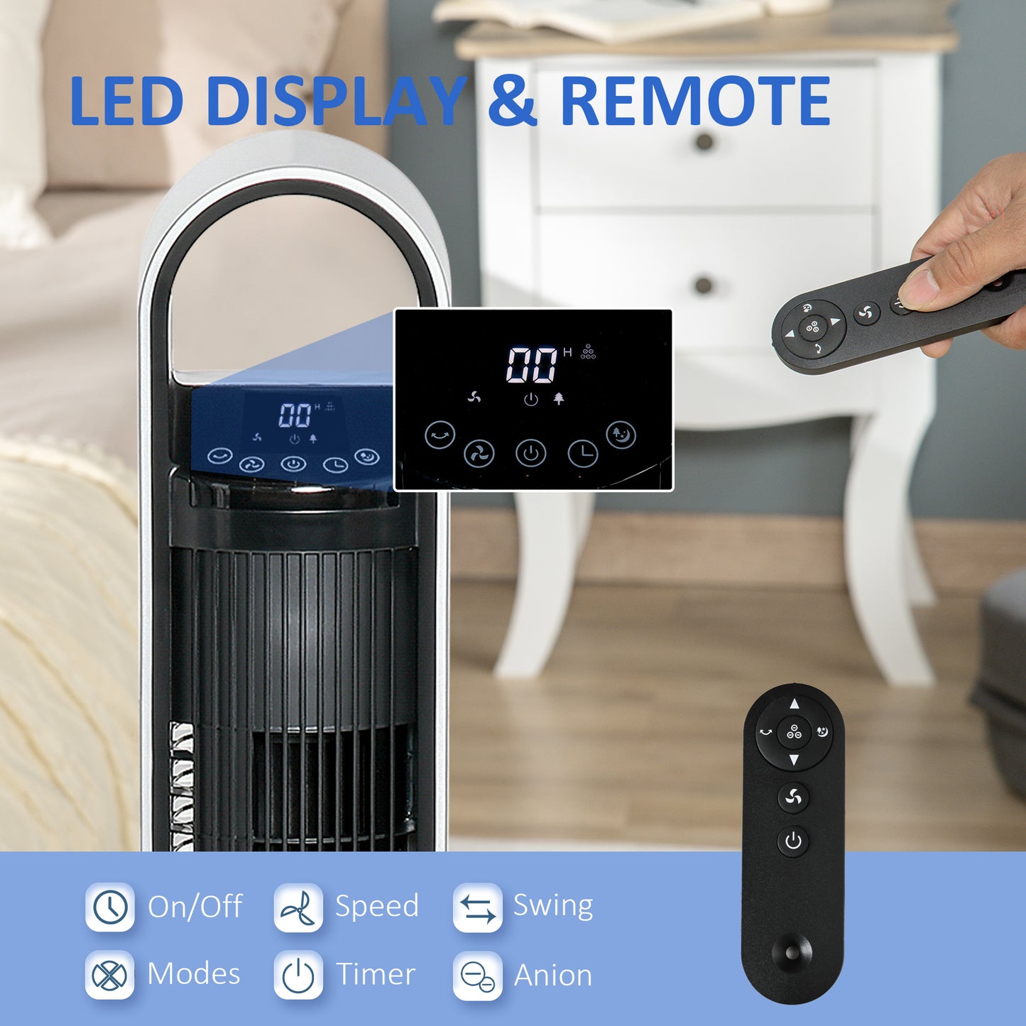 Oscillating Tower Fan for Bedroom with Anion, 3 Speed, 12h Timer, LED Sensor Panel, Remote Controller, 39", Silver