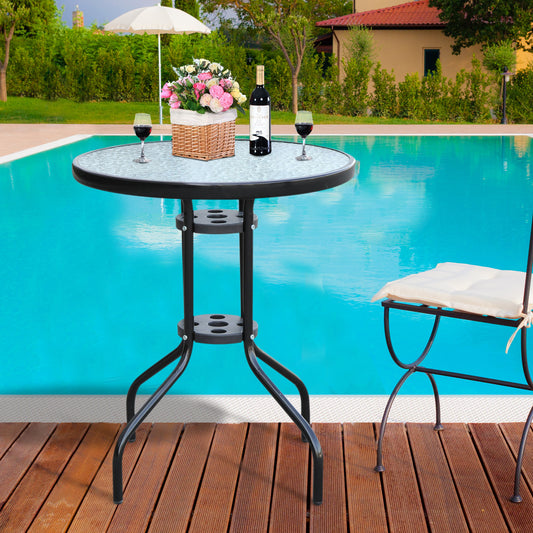 Outsunny Φ60×70H cm Round Metal Table, Garden Table Tempered Glass-Black