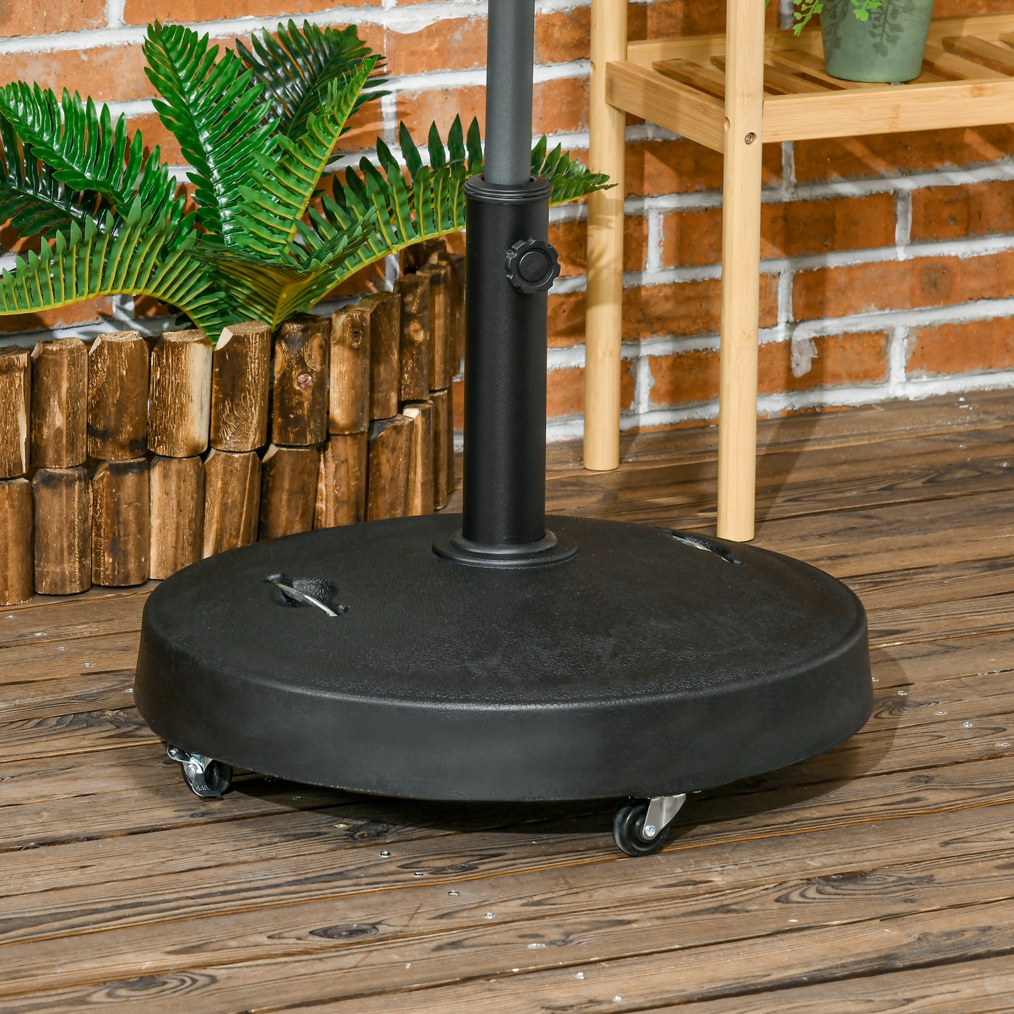 Outsunny Resin Garden Parasol Base with Wheels and Retractable Handles, Round Outdoor Market Umbrella Stand Weight for Poles of Φ38 - Φ48mm, Black