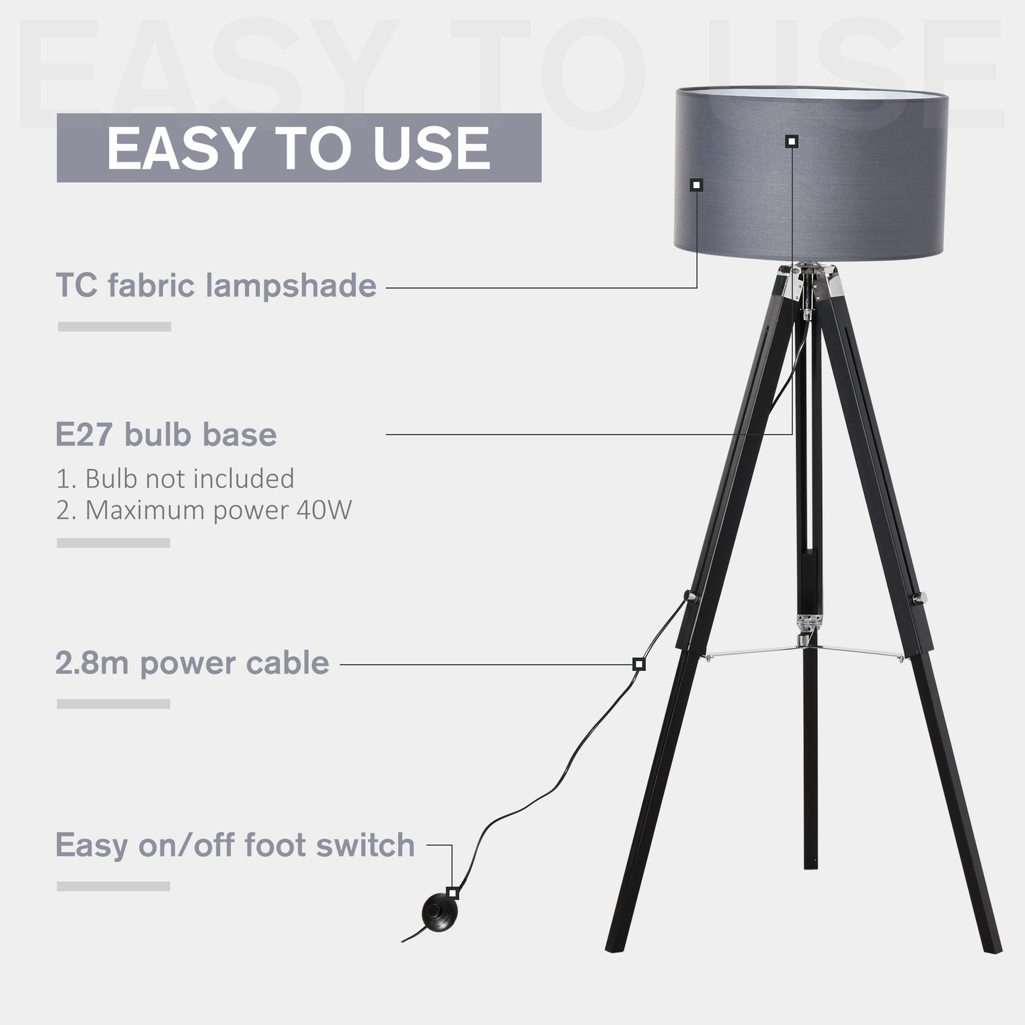 Modern Tripod Standing Lamp for Living Room Bedroom With Fabric Lampshade (Bulb not Included), Grey and Black