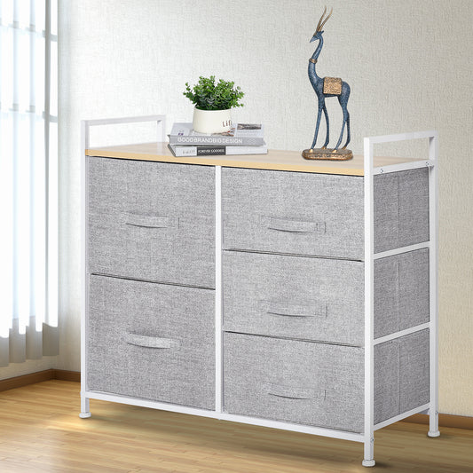 5 Drawer Linen Storage Chest Home Organisation w/ Shelf Handles Metal Frame Adjustable Feet Hallway Home Dresser Grey