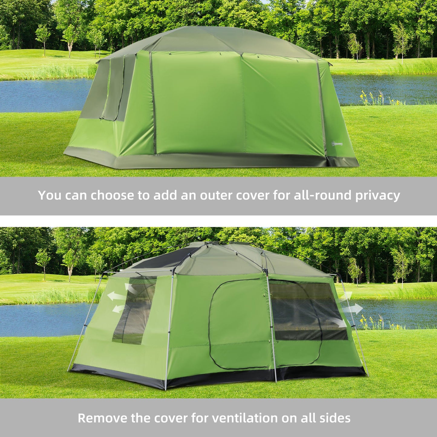 Outsunny Two Room Dome Tent w/ Porch for 4-8 Man, Camping Backpacking Shelter w/ Mesh Windows, Zipped Doors, Lamp Hook & Portable Carry Bag