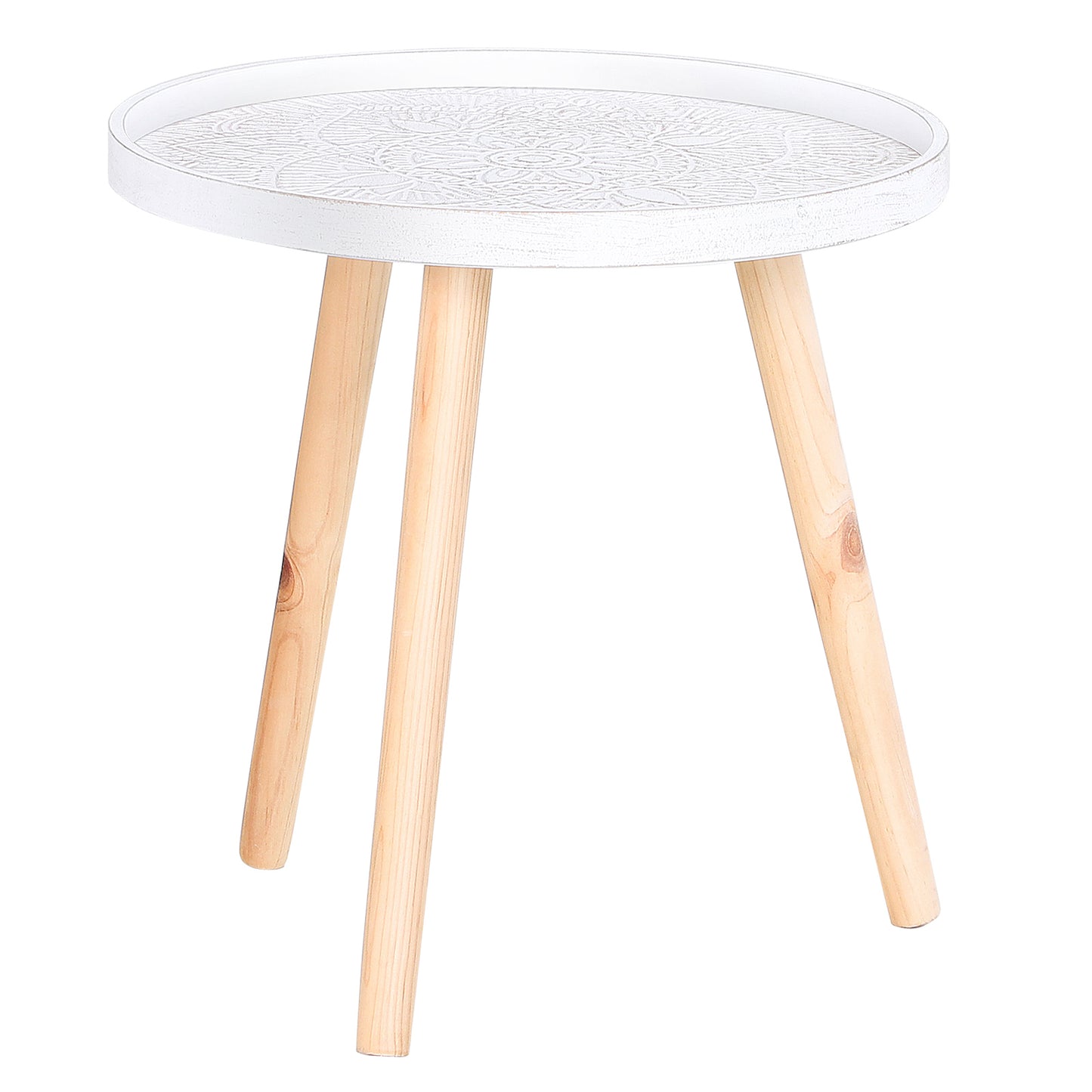 Flower Etched Side Table w/Saucer Top Wood Legs Living Room Bedroom Furniture Coffee End Table Display Decoration Elegant - White
