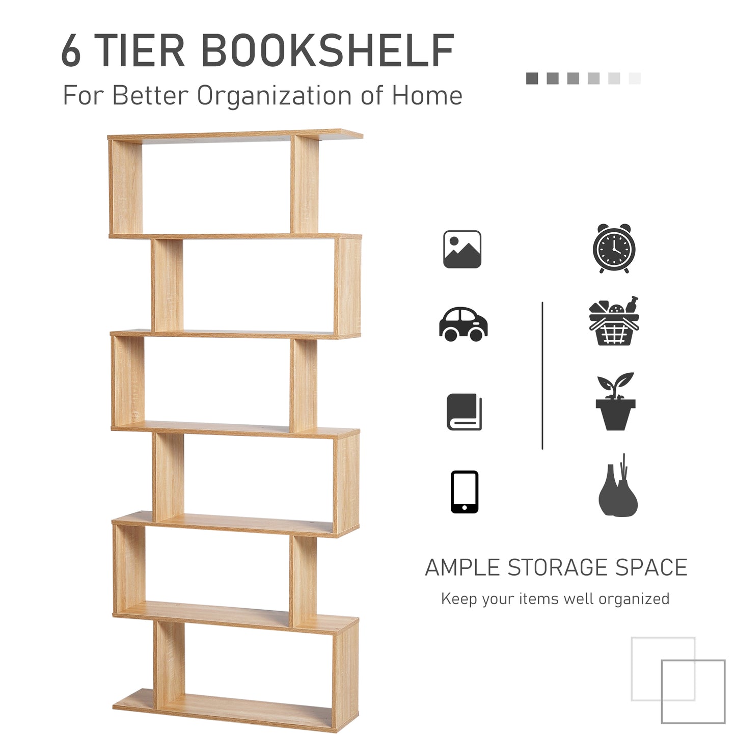 Wooden Wood S Shape Storage Display 6 Shelves Room Divider Unit Chest Bookshelf Bookcase Cupboard Cabinet Furniture (Oak)
