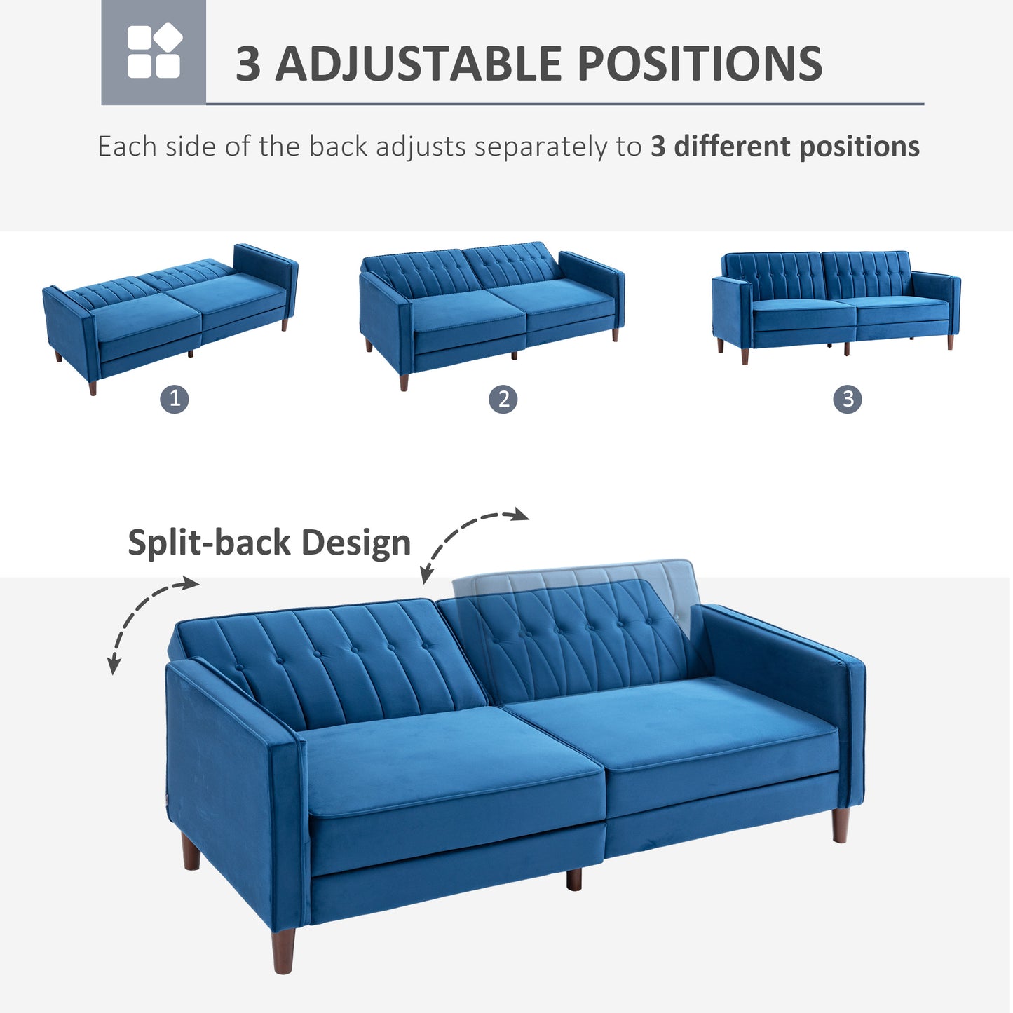 Modern Convertible Sofa Futon Velvet-Touch Tufted Couch Compact Loveseat with Adjustable Split Back, Blue