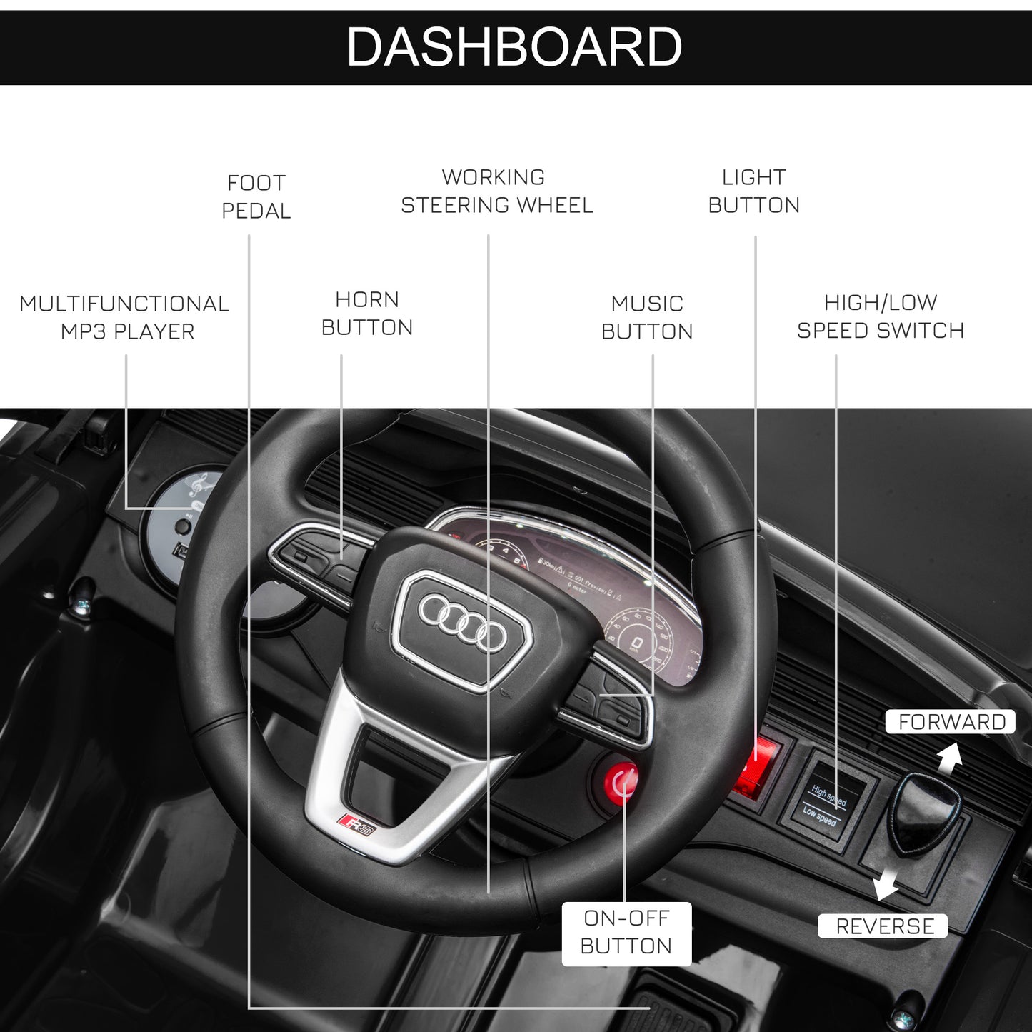 Compatible 6V Battery-powered Kids Electric Ride On Car Audi RS Q8 Toy with Parental Remote Control Music Lights USB MP3 Bluetooth Black