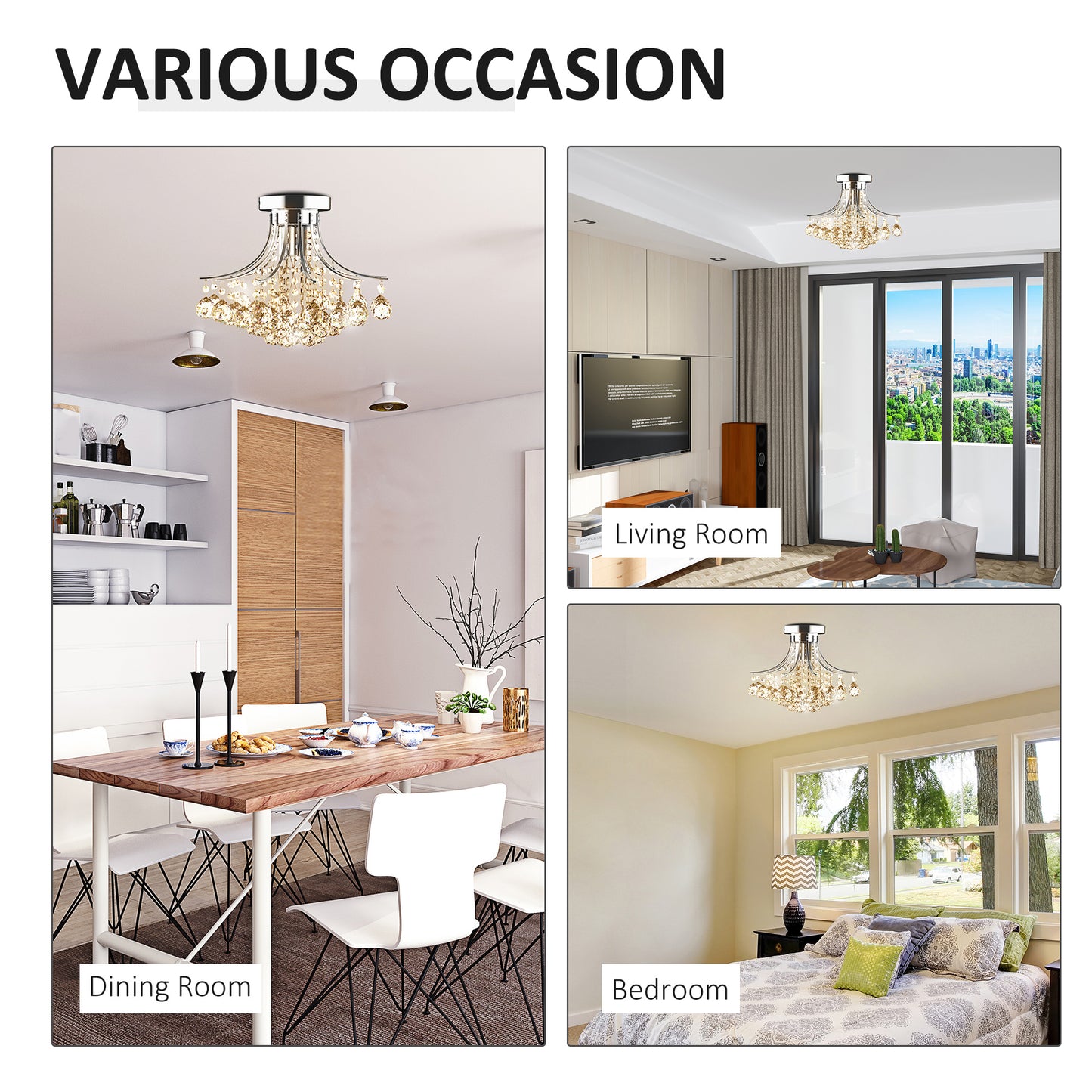 3 Lights Modern Style Ceiling Chandelier Pendant Crystal Light w/ Transparent K9 Crystal Droplets D40 X 28H (CM)