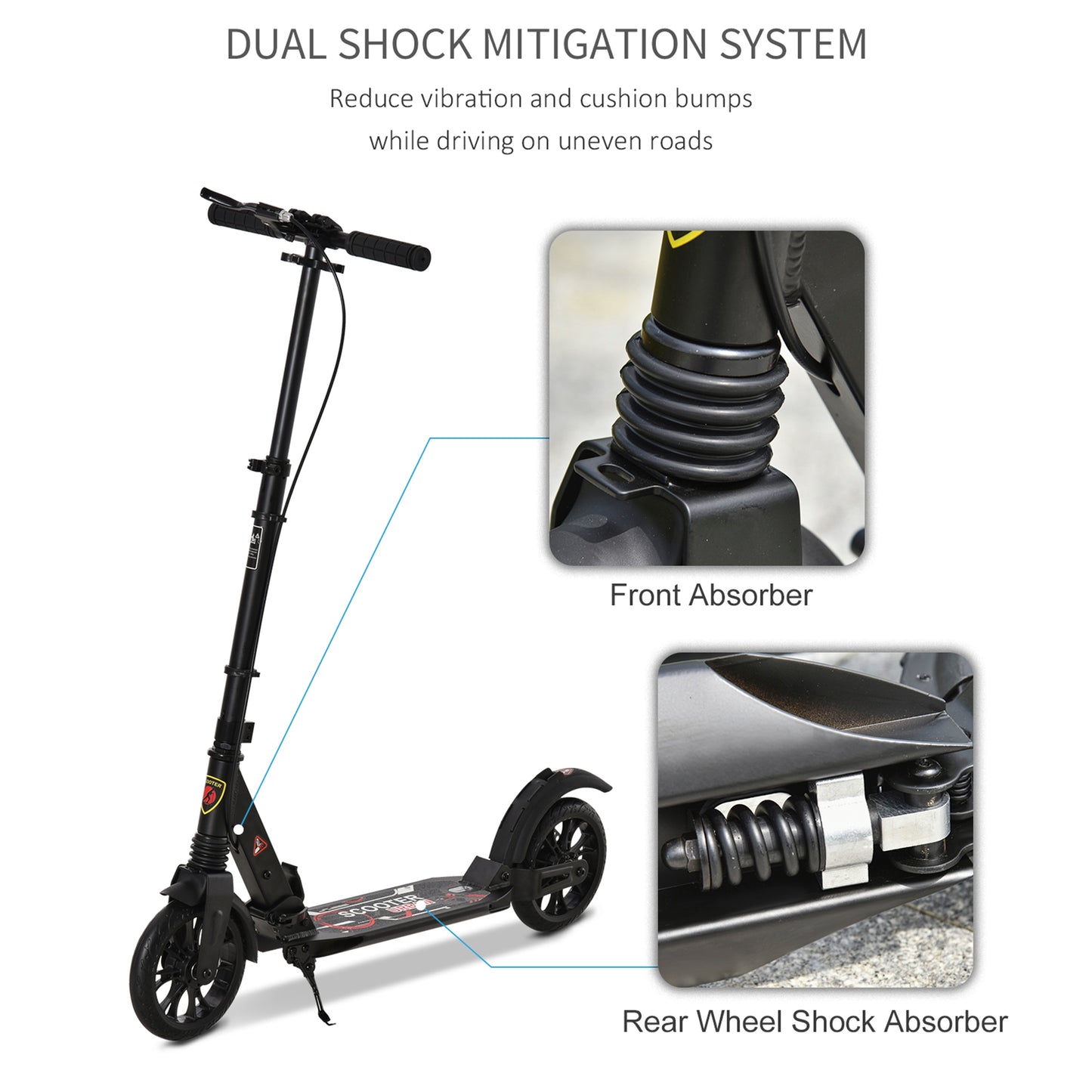 Adult Teens Kick Scooter Foldable Height Adjustable Aluminum Ride On Toy for 14+ with Rear Wheel & Hand Brake, Shock Mitigation System - Black