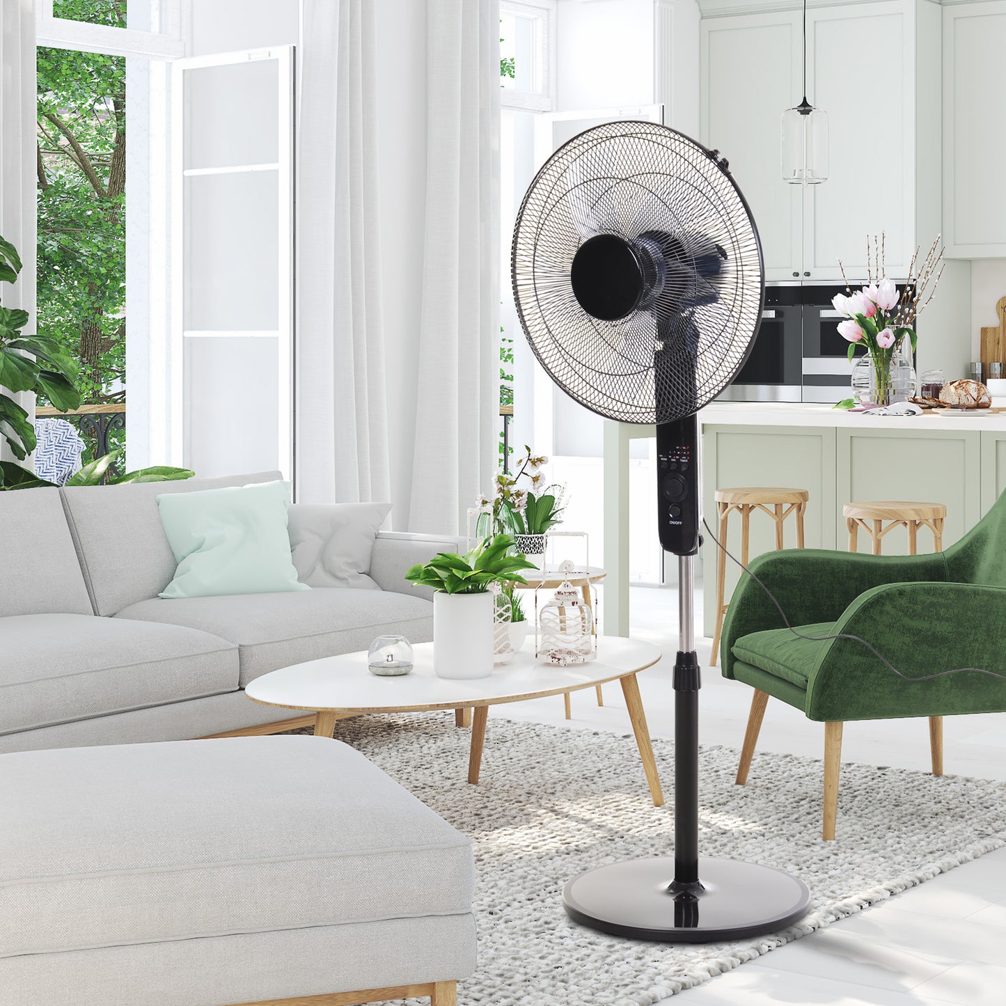 Oscillating Floor Fan W/ Remote Control-Standing Cooling Machine Indoor Air Refresher w/ Adjustable Height, Speed Mode, 7.5-Hour Timer Black