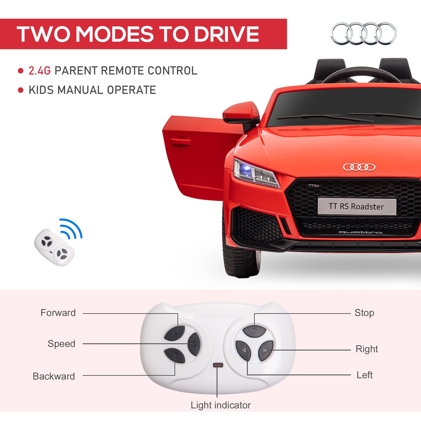 Audi TT RS 12V Rechargeable Battery Ride On Car With Remote, Forward Reverse Lights Horn - Red