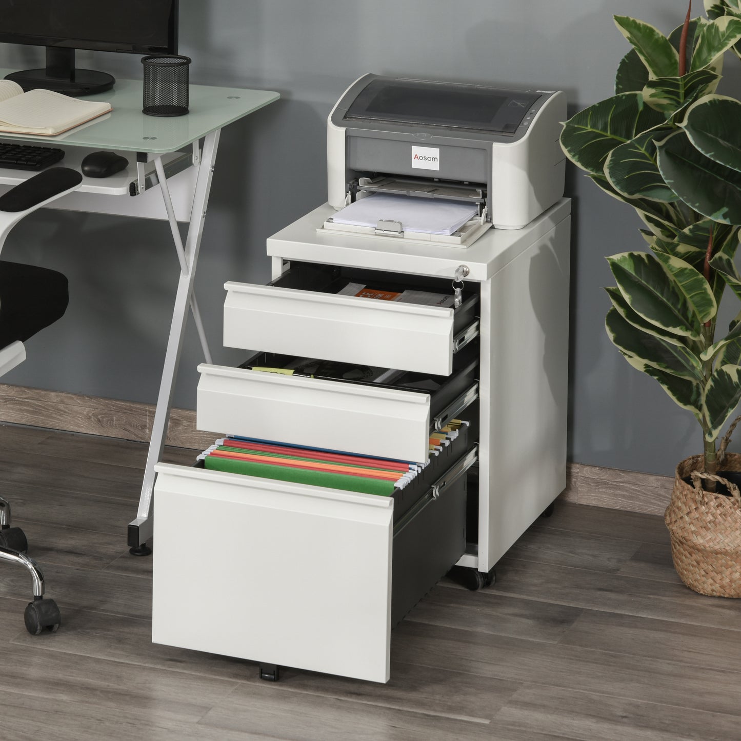 Vinsetto Metal Filing Cabinet 3 Drawer File Cabinet Lockable Mobile Vertical File Cabinet with Anti-tilt Design