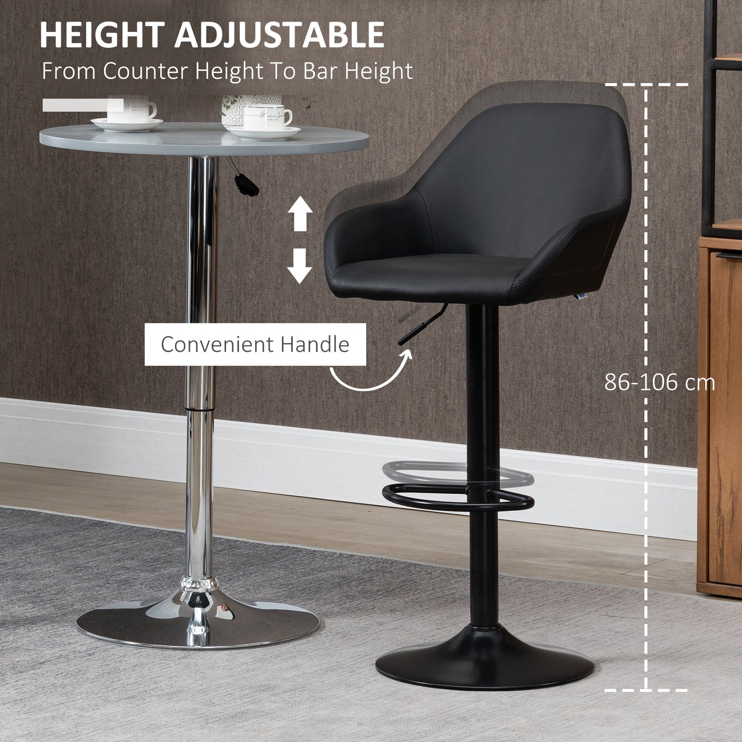 Bar Stools Set of 2, Swivel Barstools with Footrest and Backrest, PU Leather and Steel Base, for Kitchen Counter Dining Room, Black