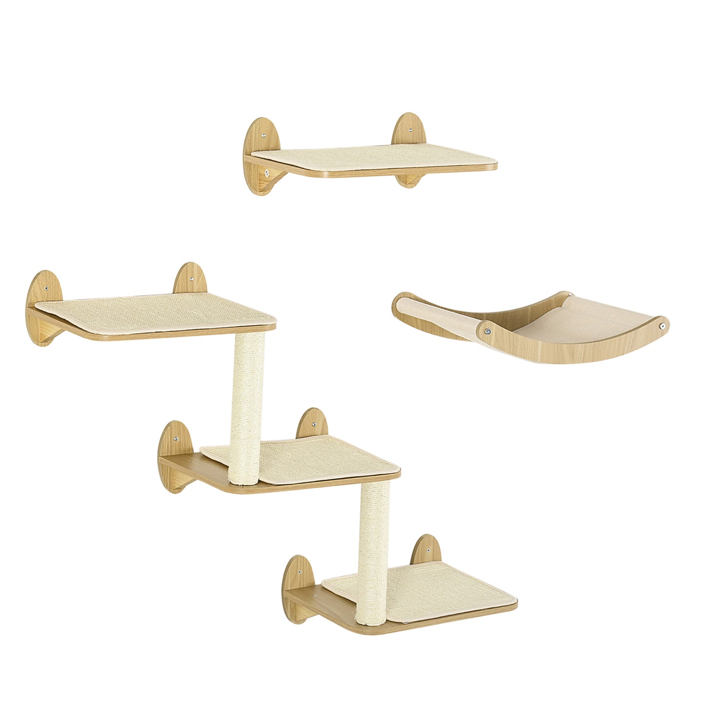 PawHut 3 Piece Wall Mounted Cats Shelves, Cat Climbing Shelf Set, Kitten Activity Center with Jumping Platforms Hammock Scratching Post, Oak