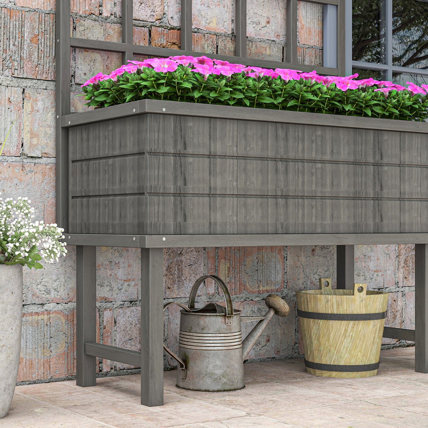 Outsunny Wooden Raised Planter with Trellis for Vine Climbing Plants, Garden Bed with Drainage Holes & Bed Liner for Vegetables, Flowers, Herbs - Grey