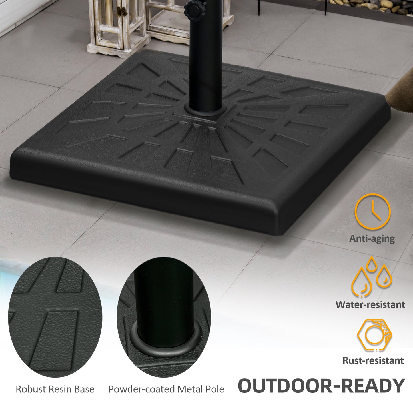 Outsunny 19kg Resin Garden Parasol Base Holder, Square Outdoor Market Umbrella Stand Weight for Poles of Φ32mm, Φ38mm, and Φ48mm, Black