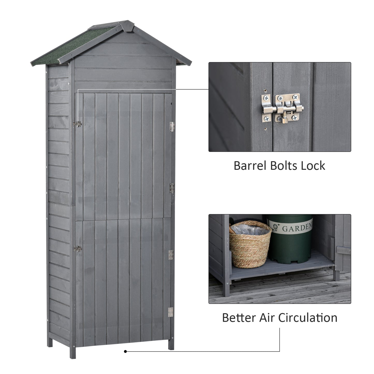 Outsunny Wooden Garden Storage Shed Timber Tool Cabinet Organiser w/ Tilted-felt Roof, Shelves, Lockable Doors, 189 x 82 x 49 cm, Grey
