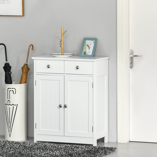 Kleankin Bathroom Storage Cabinet Free-Standing Bathroom Cabinet Unit w/ 2 Drawers Cupboard Adjustable Shelf Handles Traditional Style 75x60cm White