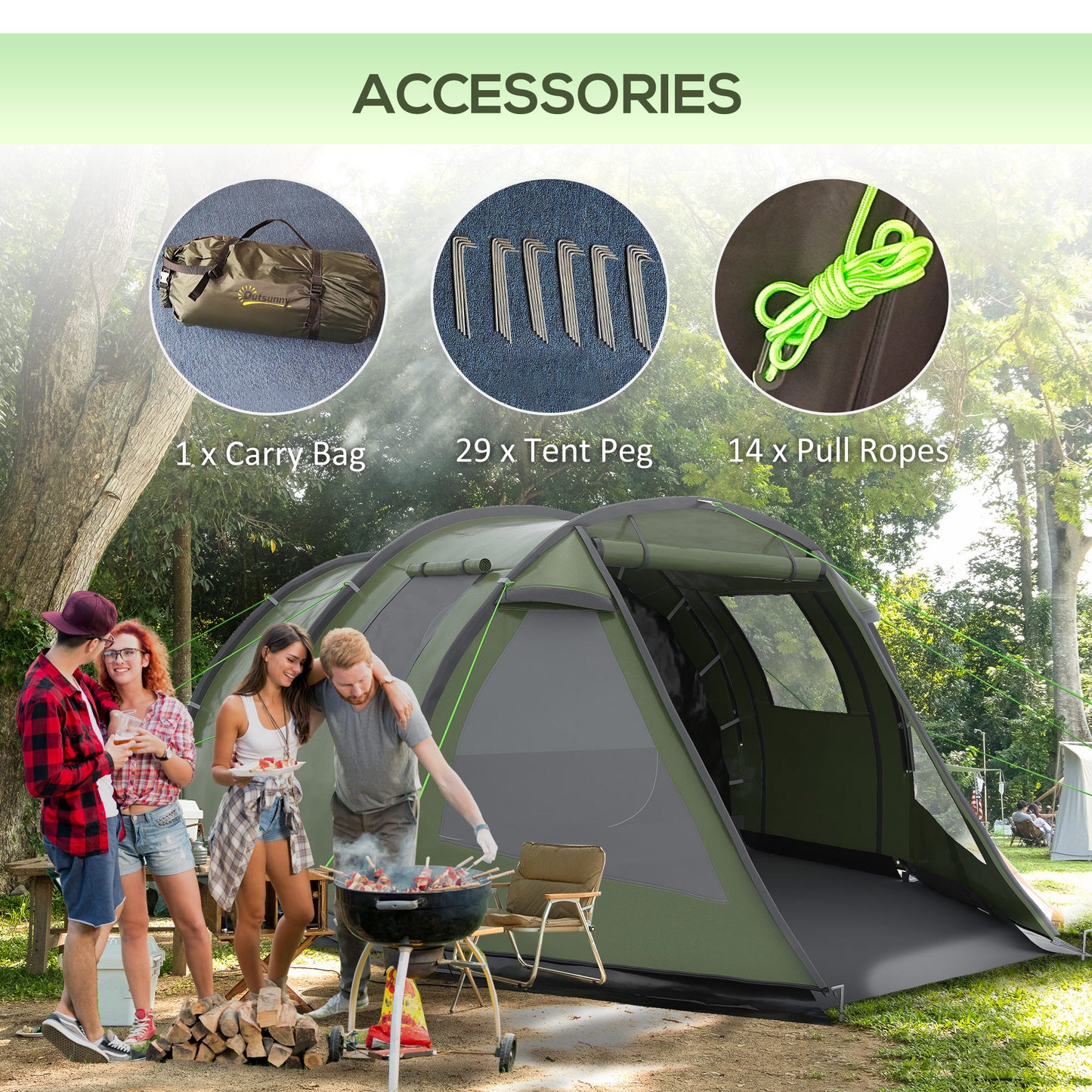 Outsunny Two Room Tunnel Tent Camping Tent for 3-4 Man with Windows, Covers, Carry Bag, for Fishing, Hiking, Sports, Green