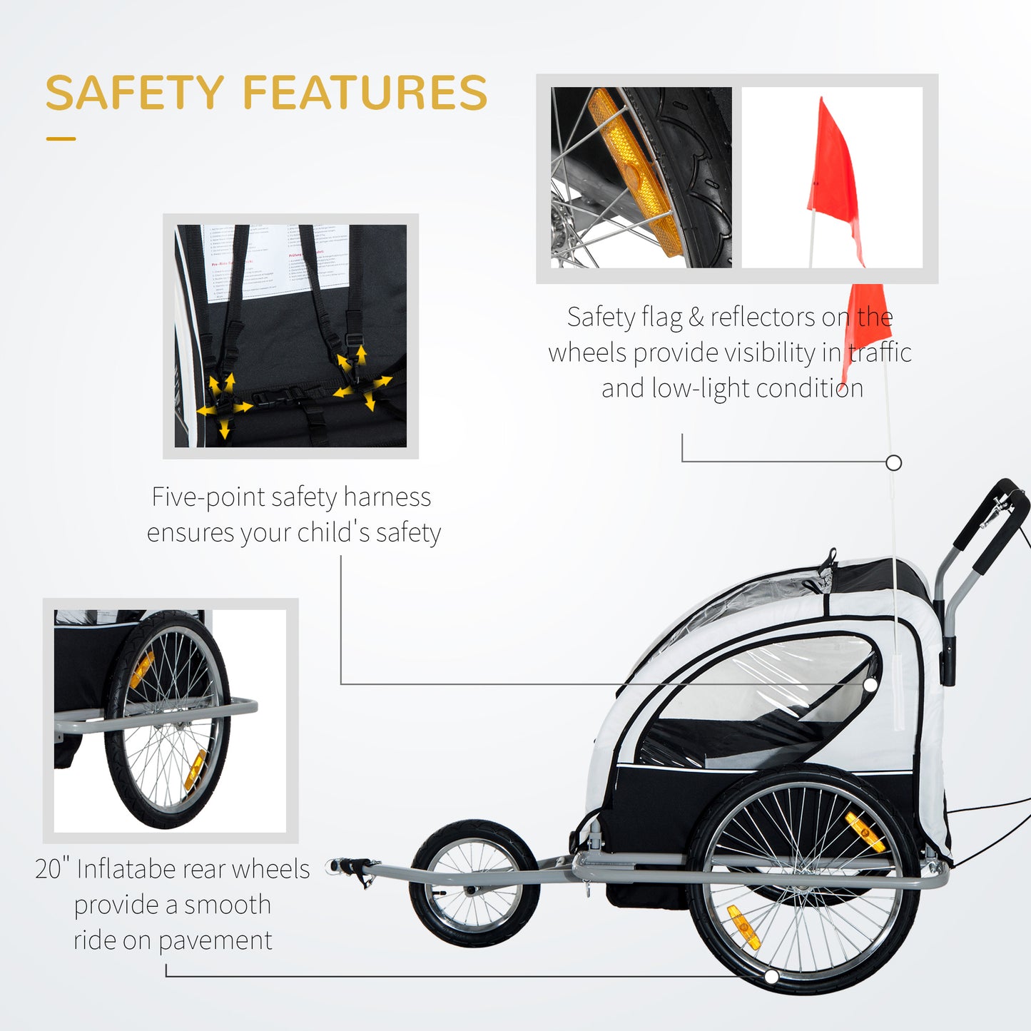 Collapsible Bike Trailer 2-Seater for Baby Bicycle with Pivot Wheel Suitable For 18 Month + Child(Black and White)