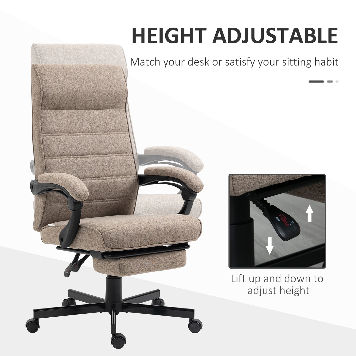 Vinsetto High-Back Home Office Chair, Linen Swivel Reclining With Adjustable Height, Footrest and Padded Armrest for Living Room, Study, Brown