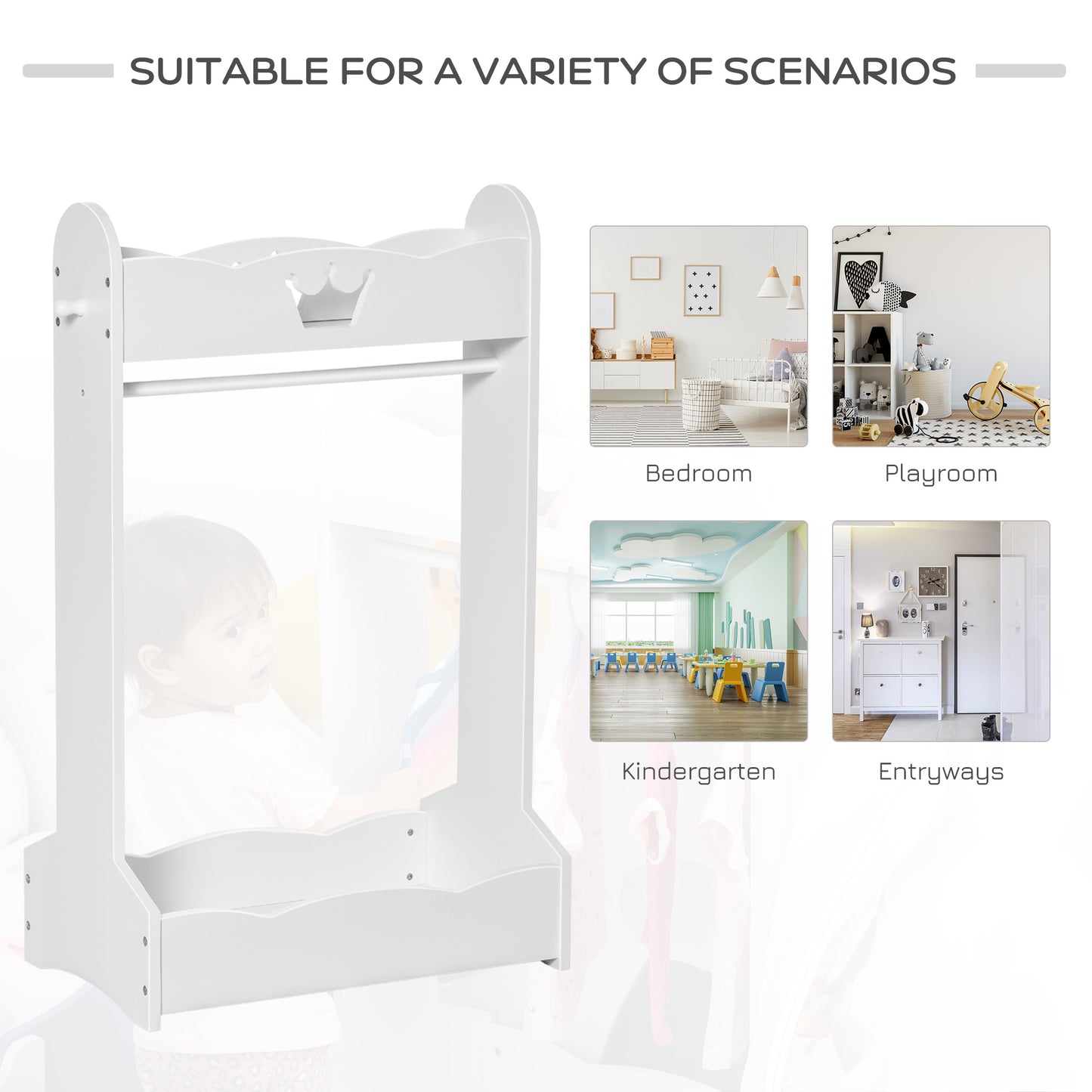 Kids Wood Clothes Rack Hall Tree with Storage Shelves Children Garment Rack Freestanding Wardrobe for 3-8 Years Toddler, White