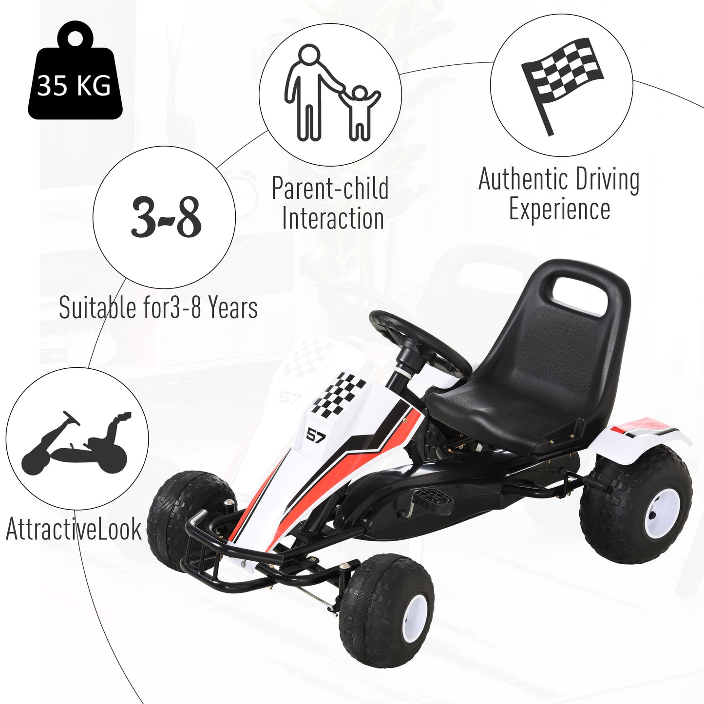 Kids Adjustable Seat PP Pedal Go-Kart White/Red