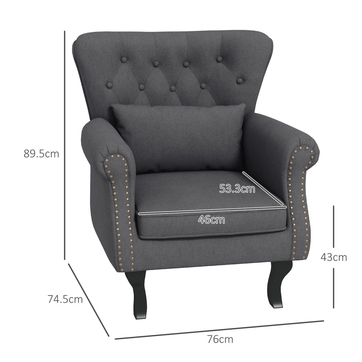 Chesterfield-style Accent Chair, Tufted Wingback Armchair with Pillow, Nailhead Trim for Living Room, Bedroom, Dark Grey