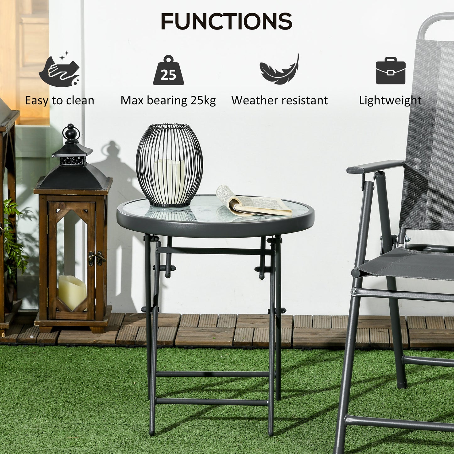 Outsunny Φ45cm Outdoor Side Table, Round Folding Patio Table with Imitation Marble Glass Top, Small Coffee Table, White