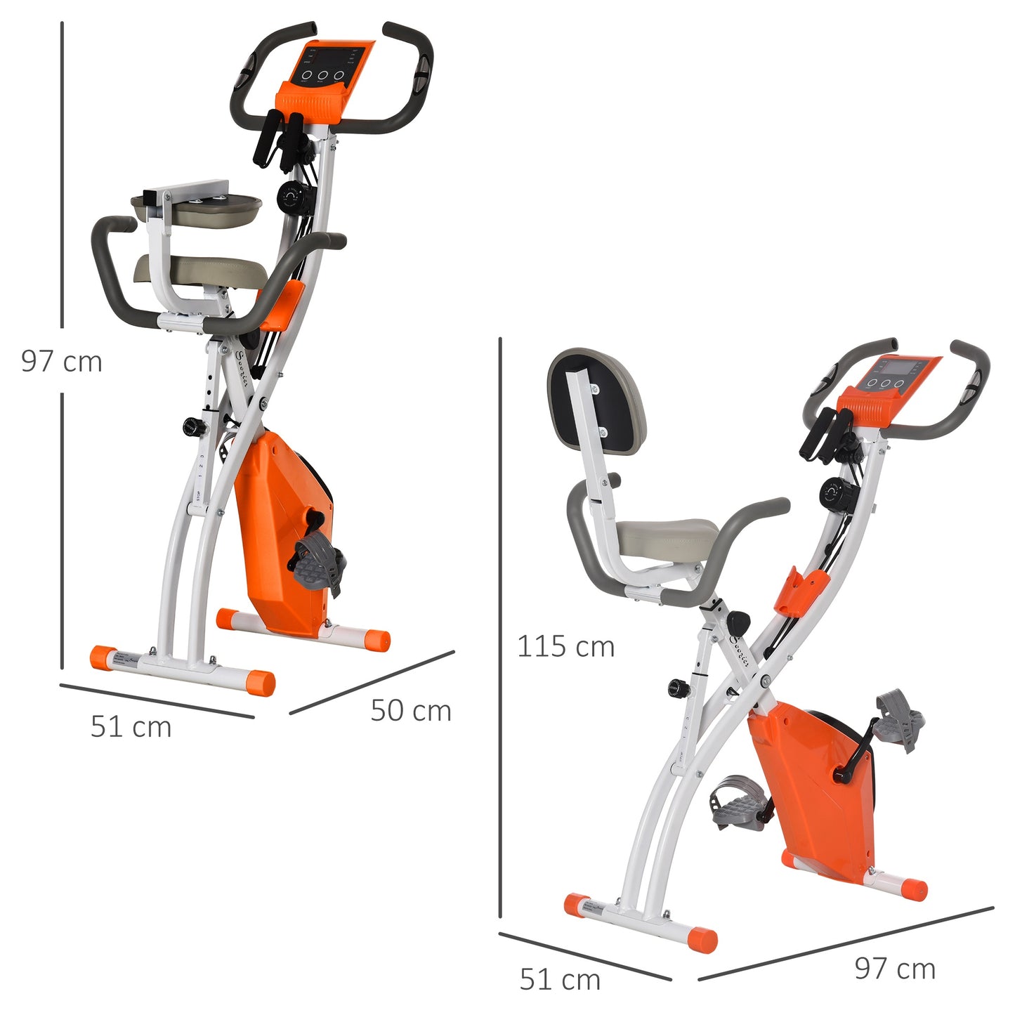 2-in-1 Upright Exercise Bike Stationary Foldable Magnetic Recumbent Cycling with Arm Resistance Bands Orange