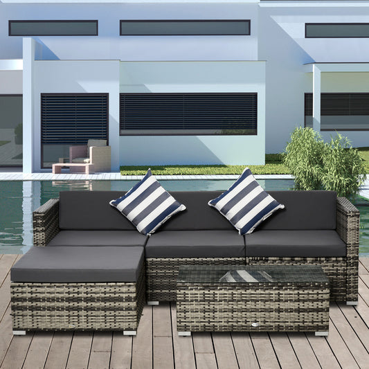 Outsunny 4-Seater Garden Rattan Furniture Set, Outdoor Sectional Conversation PE Rattan Sofa Set, with Cushions Pillows and Glass Table, Mixed Grey