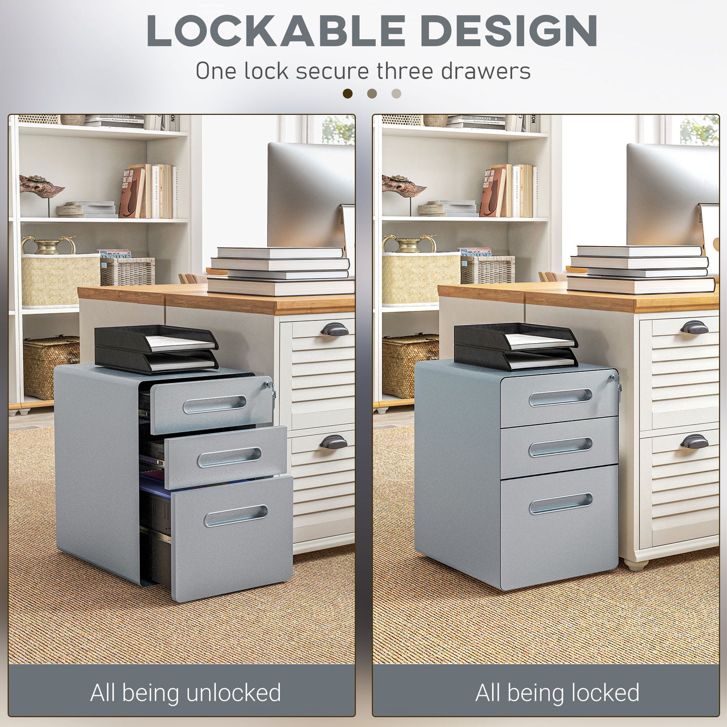 Vinsetto Lockable Cabinet, Rolling Filing Cabinet with 3 Drawers, Steel Office Drawer Unit for A4, Letter, Legal Sized Files